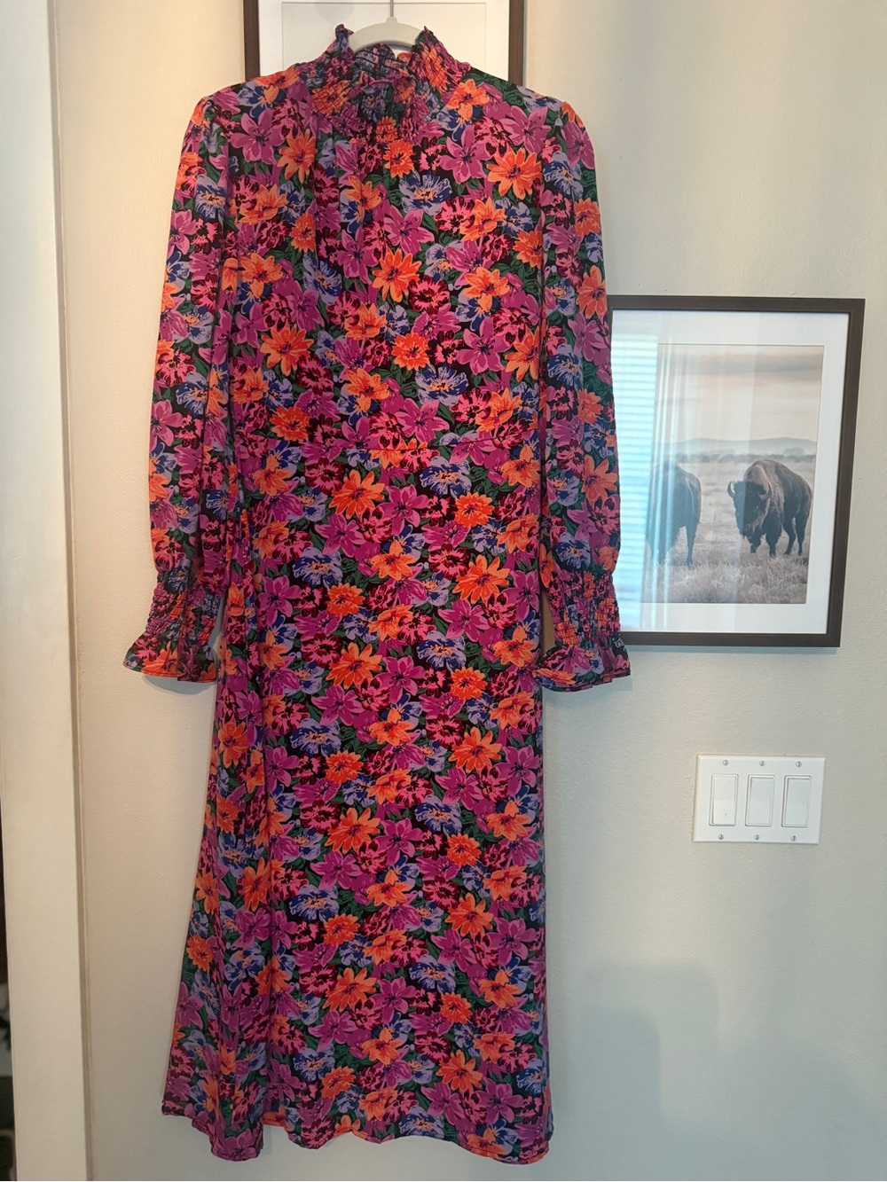 Women's Floral Long-Sleeve Midi Dress in Pink & Orange